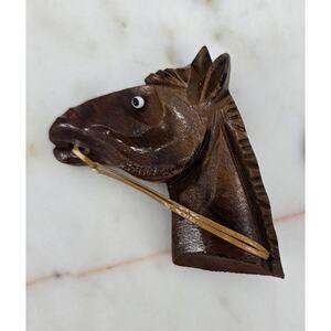 Vintage Hand-Carved Wooden Horse Head Brooch Equestrian Western Cottagecore